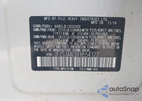 2015 Subaru Forester 2.5I z USA, uszkodzony, nr VIN JF2SJAAC6FH554322